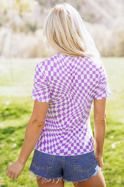 Purple Checkered Print Crew Neck Mesh T Shirt - Snoopy's Closet