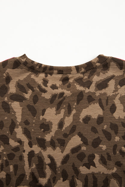 Brown Loose Contrast Striped Accent Leopard T Shirt Mini Dress with Pockets