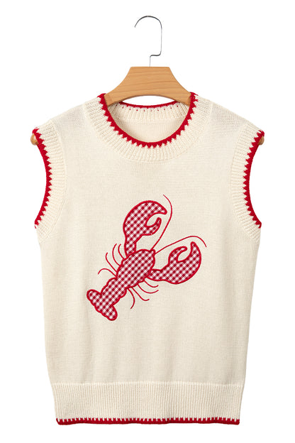Beige Plaid Crawfish Crew Neck Knit Sweater Vest