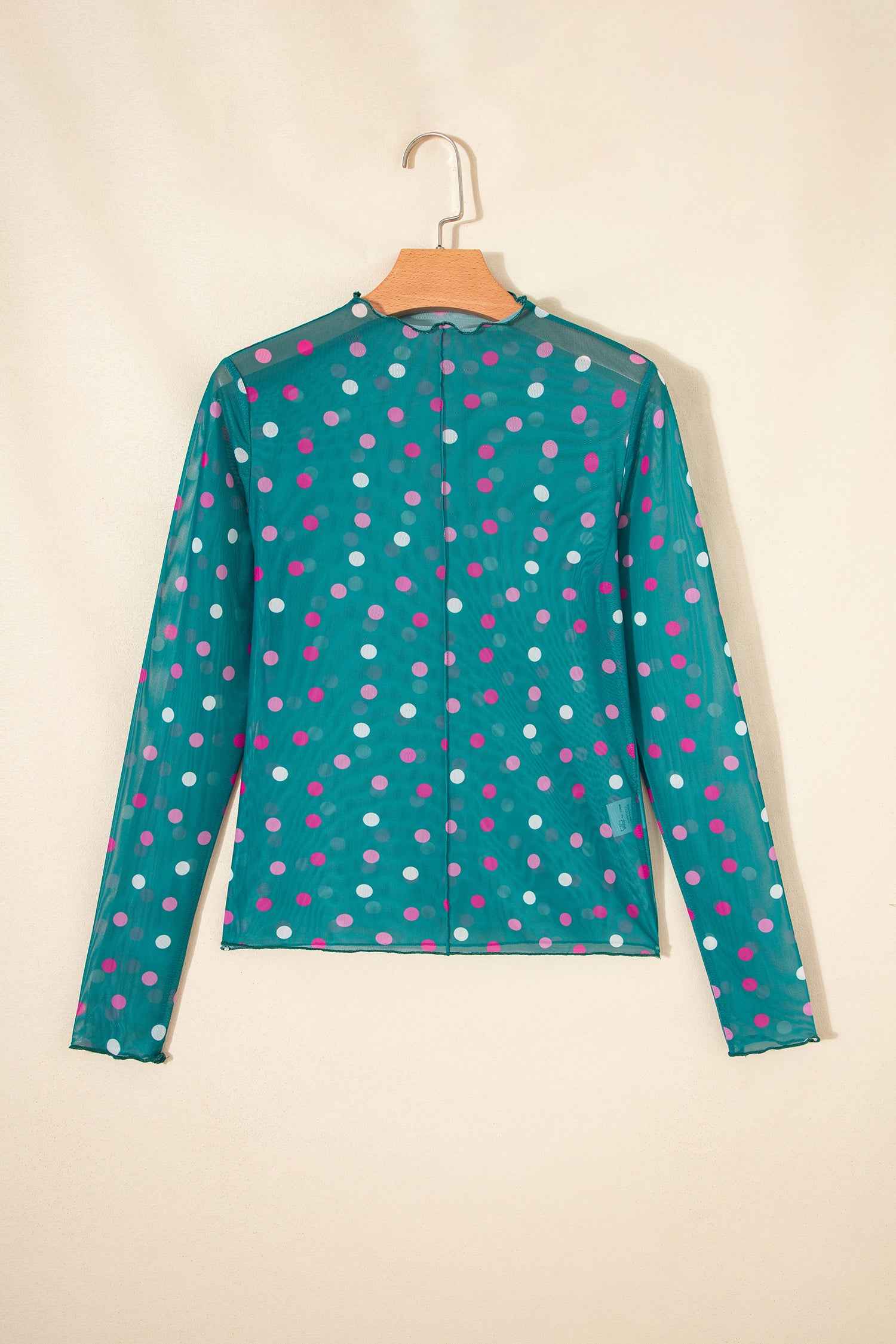 Red Polka Dot Patterned Bodycon Mock Neck Mesh Long Sleeve Top
