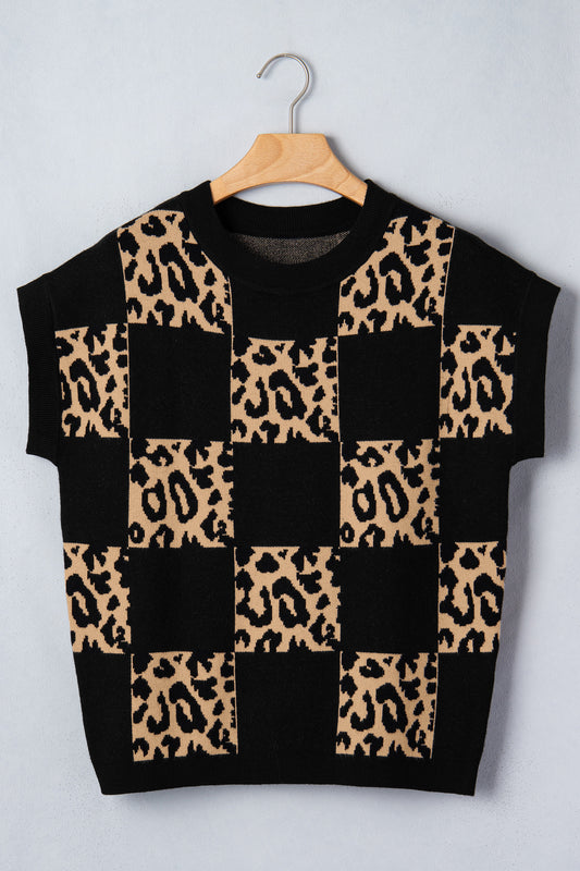 Black Leopard Checkerboard Short Sleeve Knit Sweater