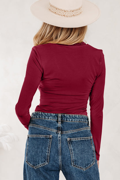 Red Dahlia Lace-trimmed Sweetheart Neckline Ruched Detail Long Sleeve T-shirt - Snoopy's Closet