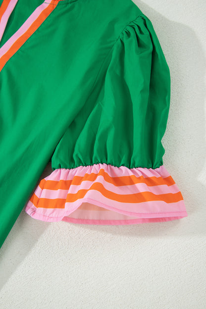 Green Striped Frilled Collar Ruffled Short Sleeve Blouse