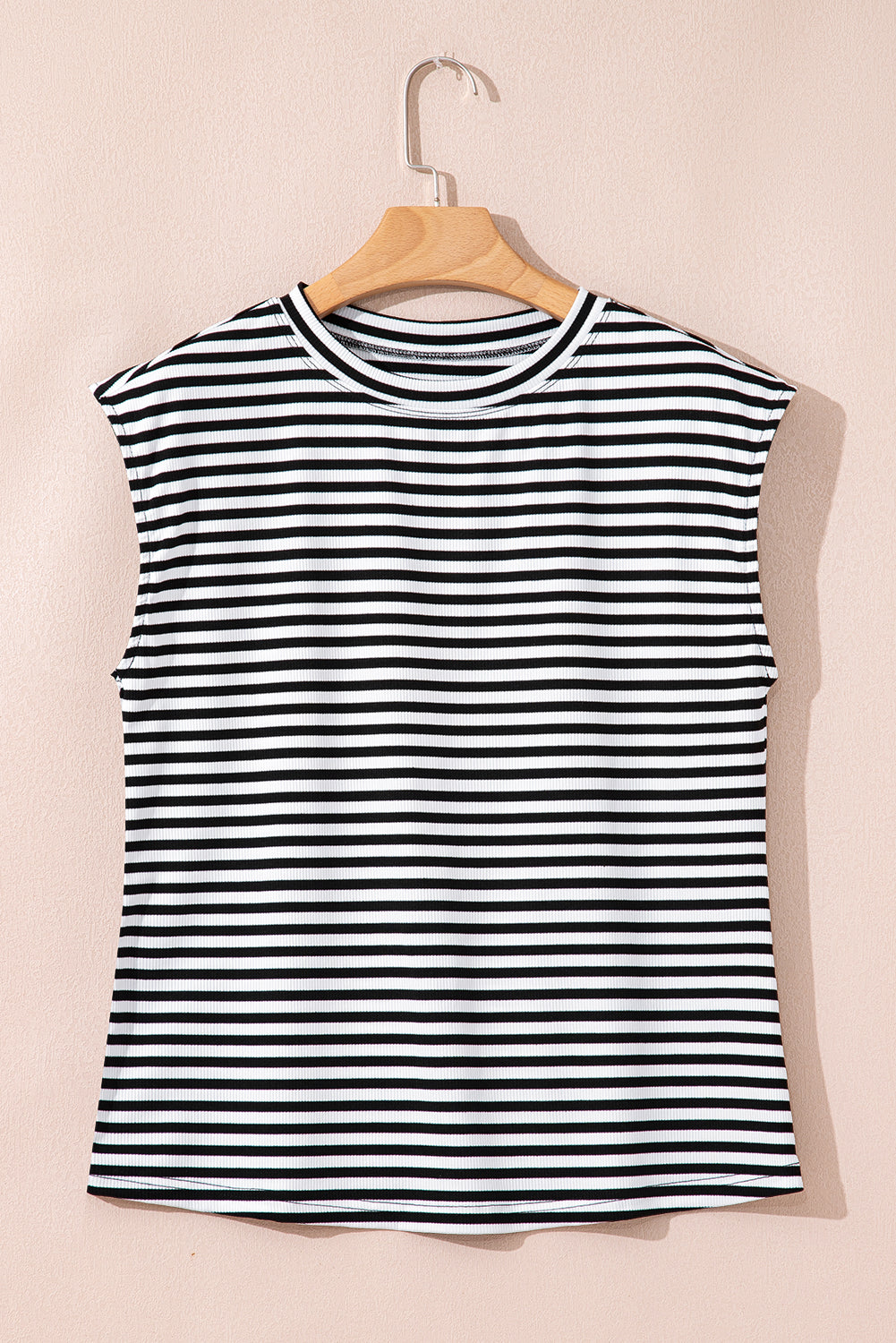 Black Stripe Ribbed Cap Sleeve Round Neck T Shirt - Snoopy's Closet