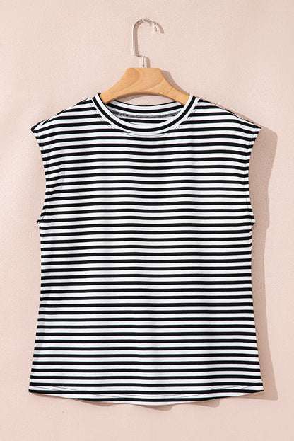 Black Stripe Ribbed Cap Sleeve Round Neck T Shirt - Snoopy's Closet