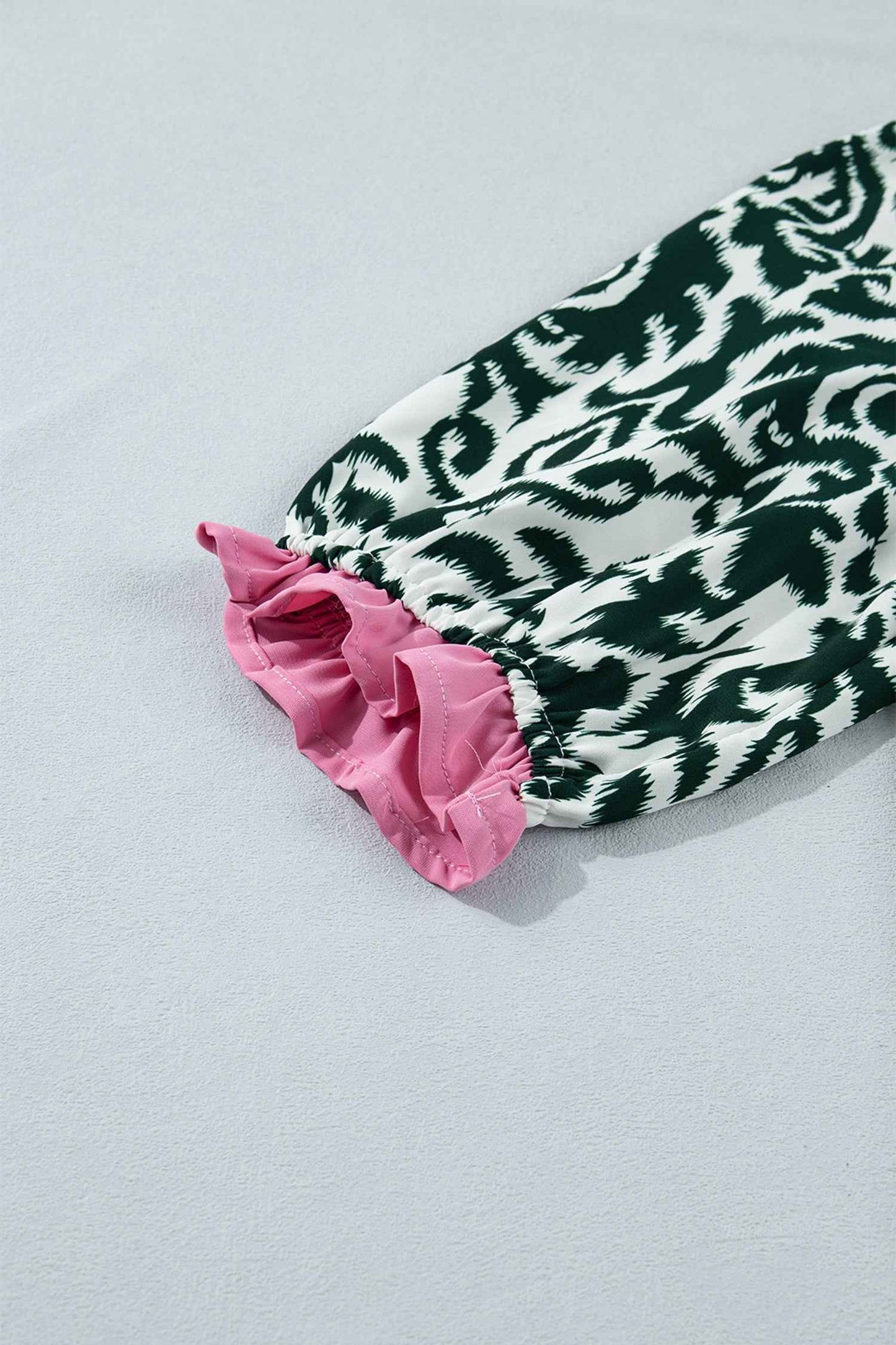 Green Damask Print Ruffled Color Block Detail Half Sleeve Blouse