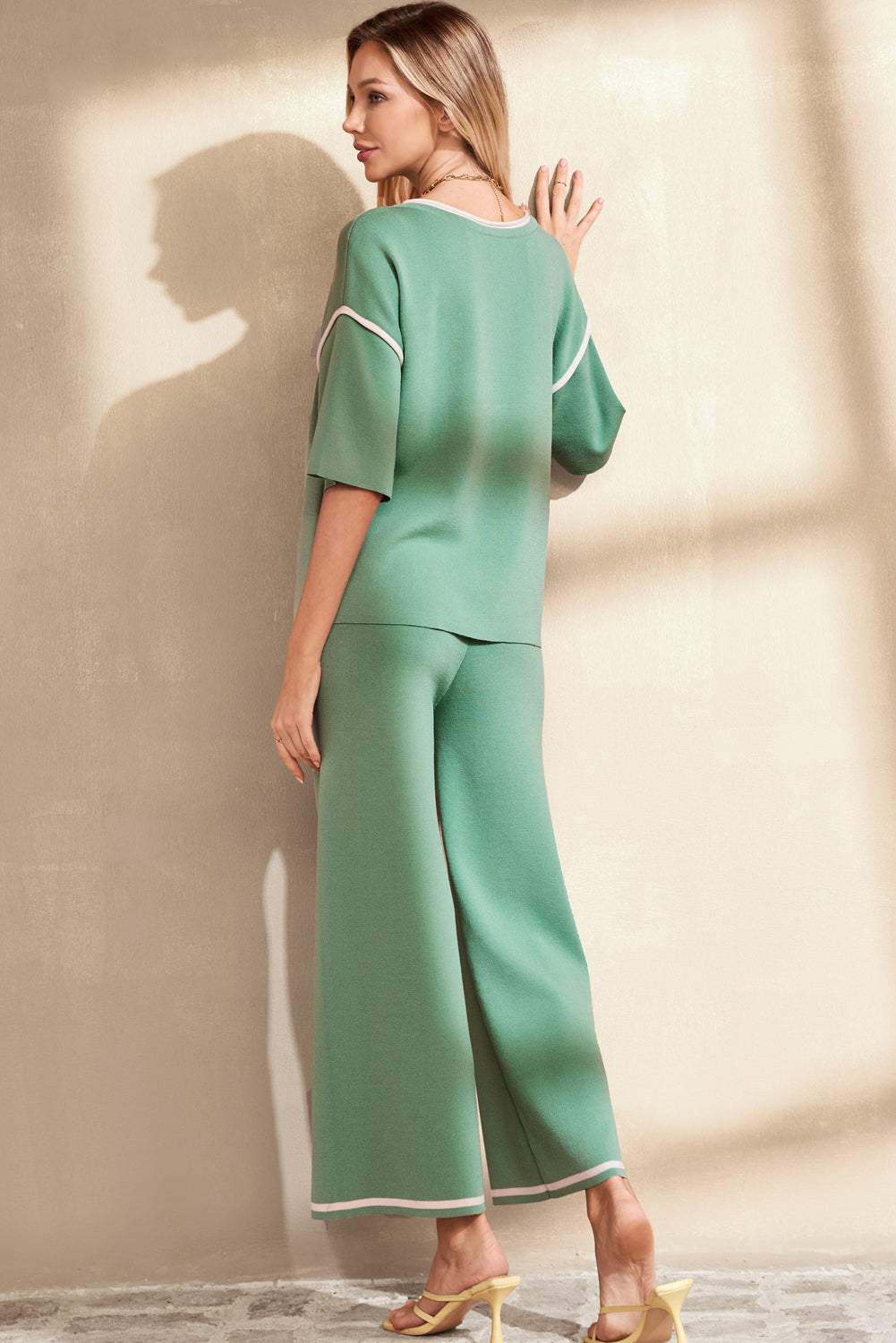 Blackish Green Contrast Trim Half Sleeve Top Drawstring Pants Loose 2pcs Sweater Suit - Snoopy's Closet