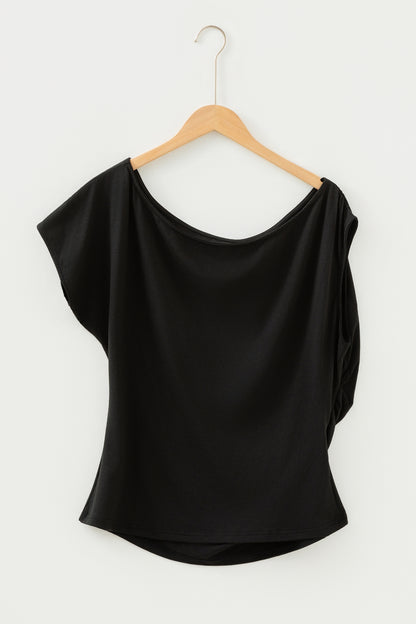 Black Plus Size Solid Color Asymmetric Neck Short Sleeve Blouse - Snoopy's Closet