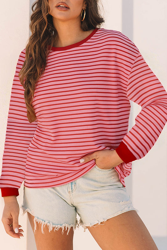 Pink Stripe Textured Round Neck Drop Shoulder Long Sleeve T Shirt - Snoopy's Closet