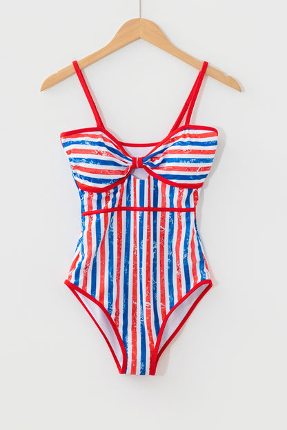 Red July 4th Stripes Star Floral Impression Cutout Spaghetti Straps One Piece Swimsuit - Snoopy's Closet