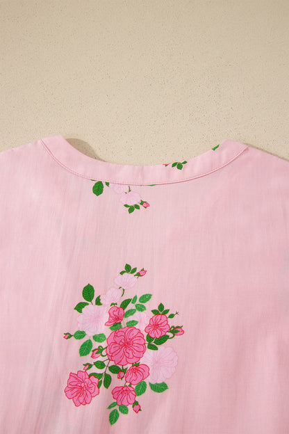 Pink Notched Neck Flutter Short Sleeve Floral Print Maxi Dress - Snoopy's Closet