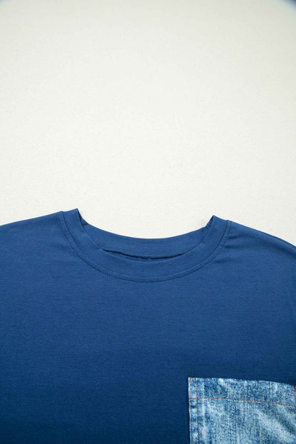 White Color Block Chest Pocket Patched Casual Short Sleeve Top