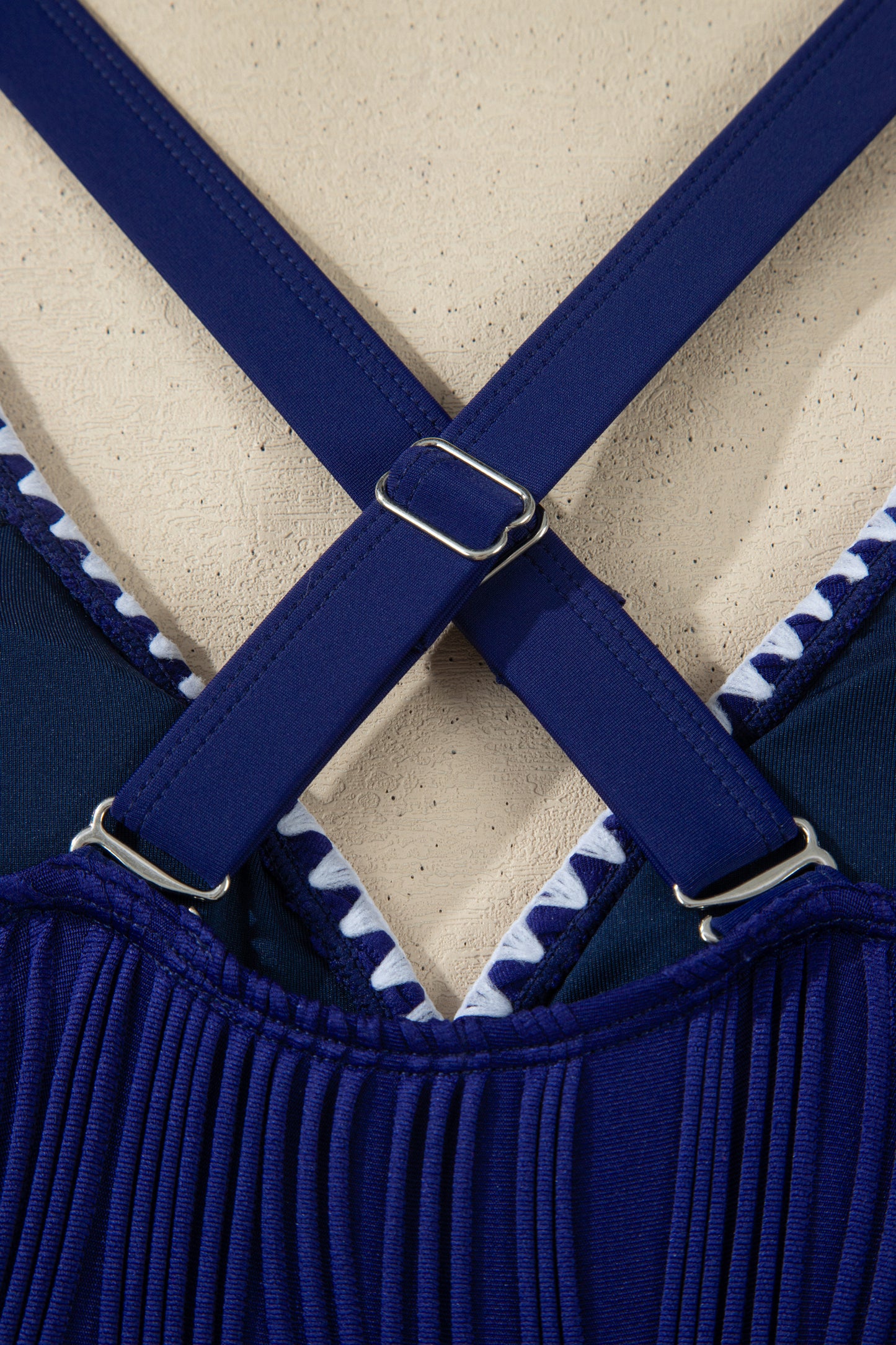 Dark Blue Shell Stitched Trim V Neck Textured Mix and Match High Waist Bikinis - Snoopy's Closet