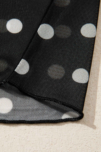 Black Polka Dot Printed High Neck Sheer Mesh Tee