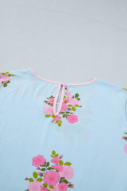 Sky Blue Floral Print Button Cuffed 3/4 Sleeve Round Neck Blouse - Snoopy's Closet