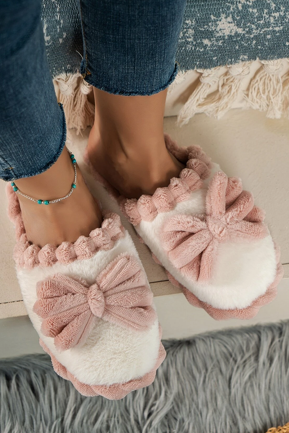 Fushia Bow Decor Color Block Ribbed Plush Slippers - Snoopy's Closet
