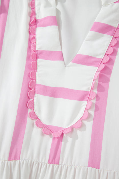 Pink Stripe Ricrac Trim Notched Neck Half Sleeve Vacation Dress - Snoopy's Closet