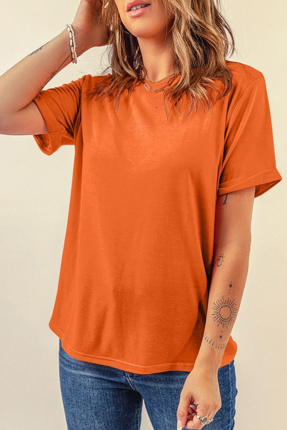 Orange Casual Plain Crew Neck Tee - Snoopy's Closet