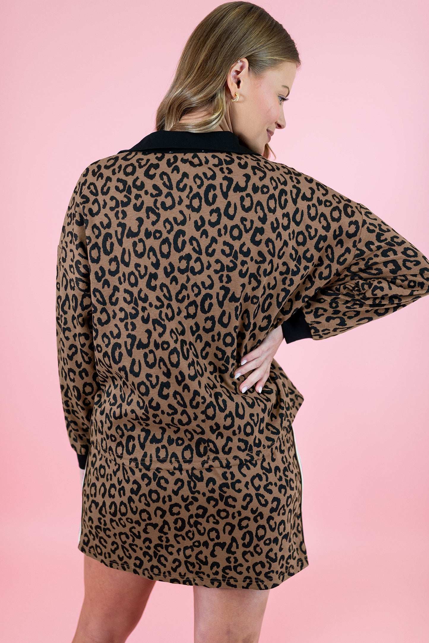 Khaki Leopard Print Quarter Zip Long Sleeve Top Mini Skirt Set - Snoopy's Closet