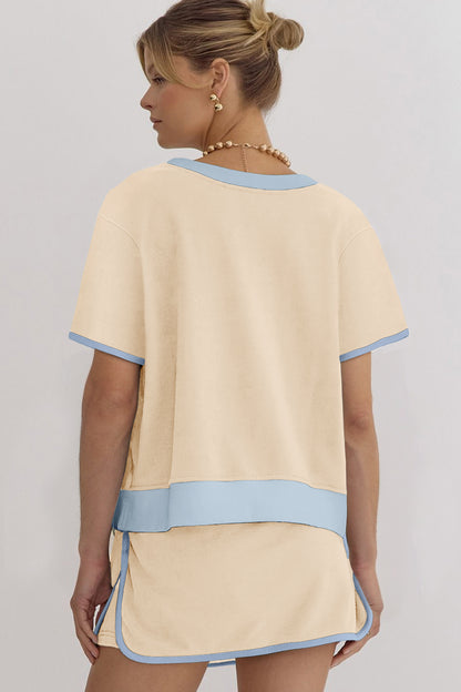 Apricot Colorblock Edge Drop Shoulder T Shirt and Skort 2Pcs Set