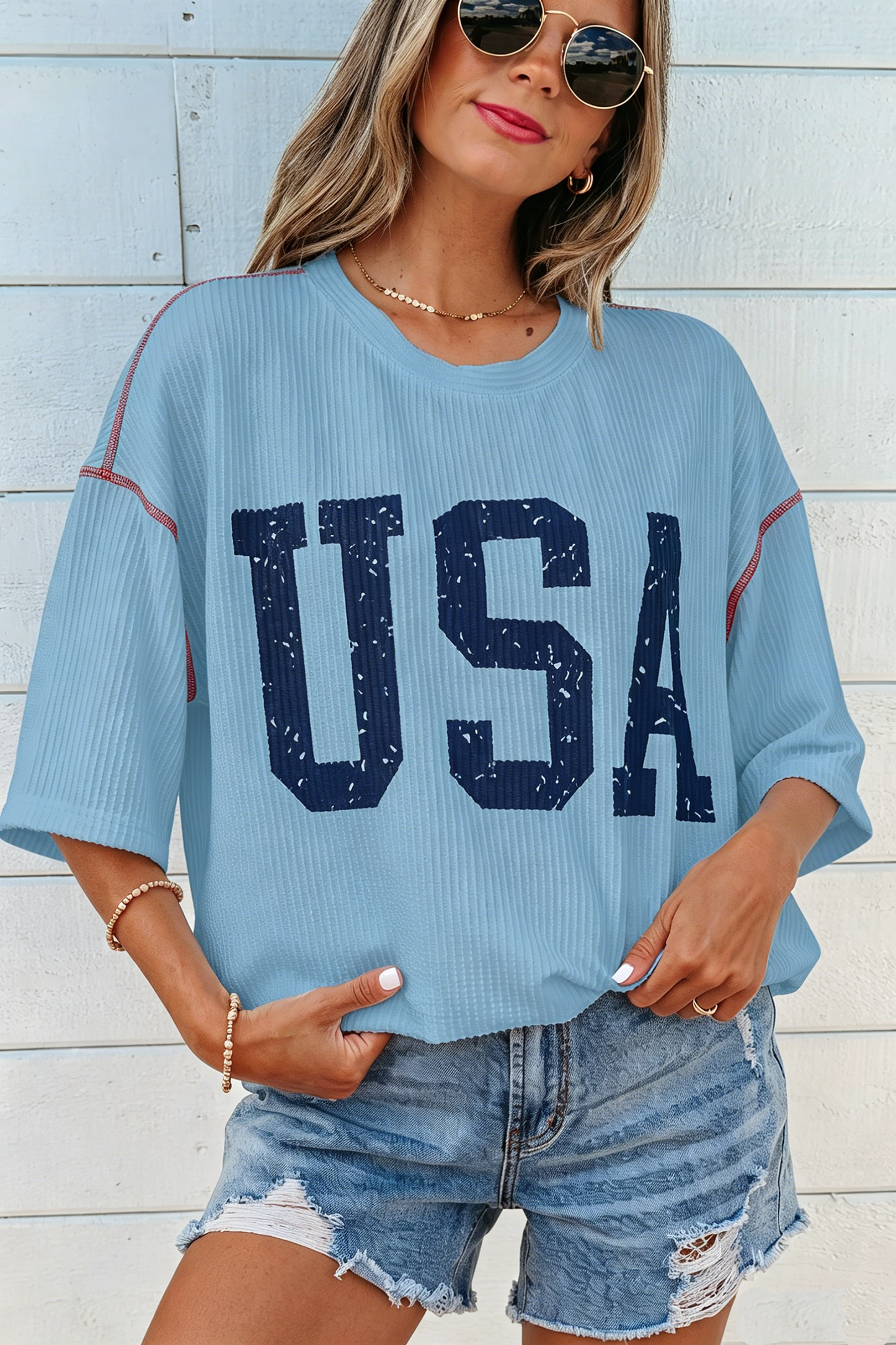 Top acanalado suelto de media manga con gráfico Beau Blue USA