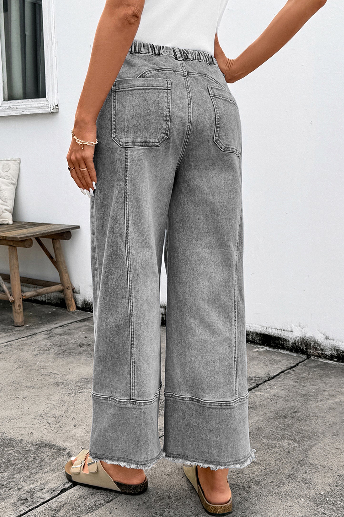 Pantalones Anchos Vaqueros Grises con Cordón, Detalle de Costura y Bajo Sin Rematar