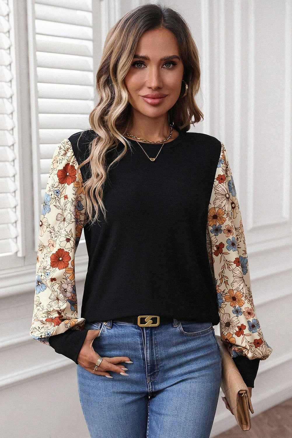 Apricot Flower Puff Sleeve Patchwork Top