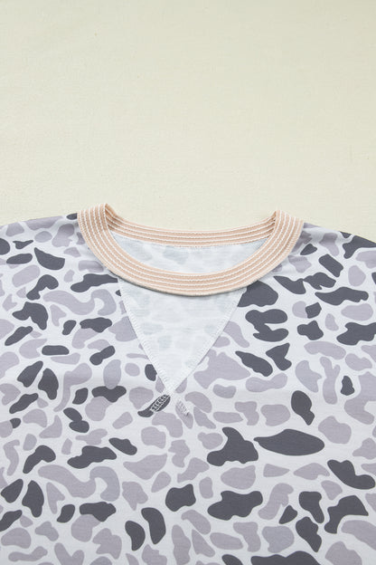 Gray Camouflage Print Twisted Ribbed Patchwork Casual T Shirt - Snoopy's Closet