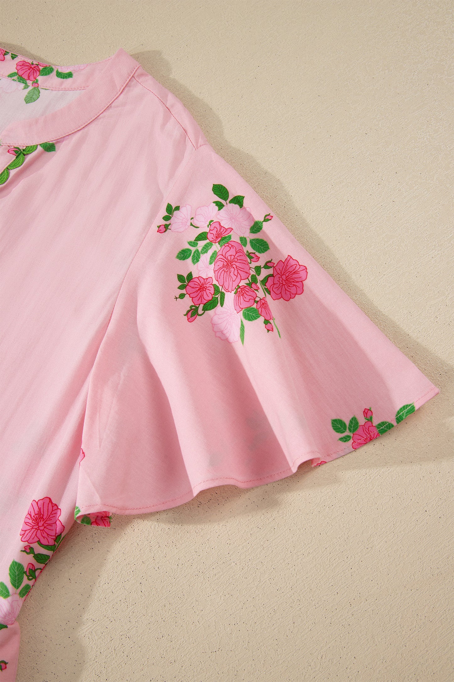 Pink Notched Neck Flutter Short Sleeve Floral Print Maxi Dress - Snoopy's Closet