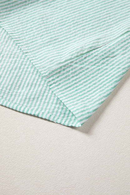 Green Stripe Leopard Contrast Collar Short Sleeve Shirt