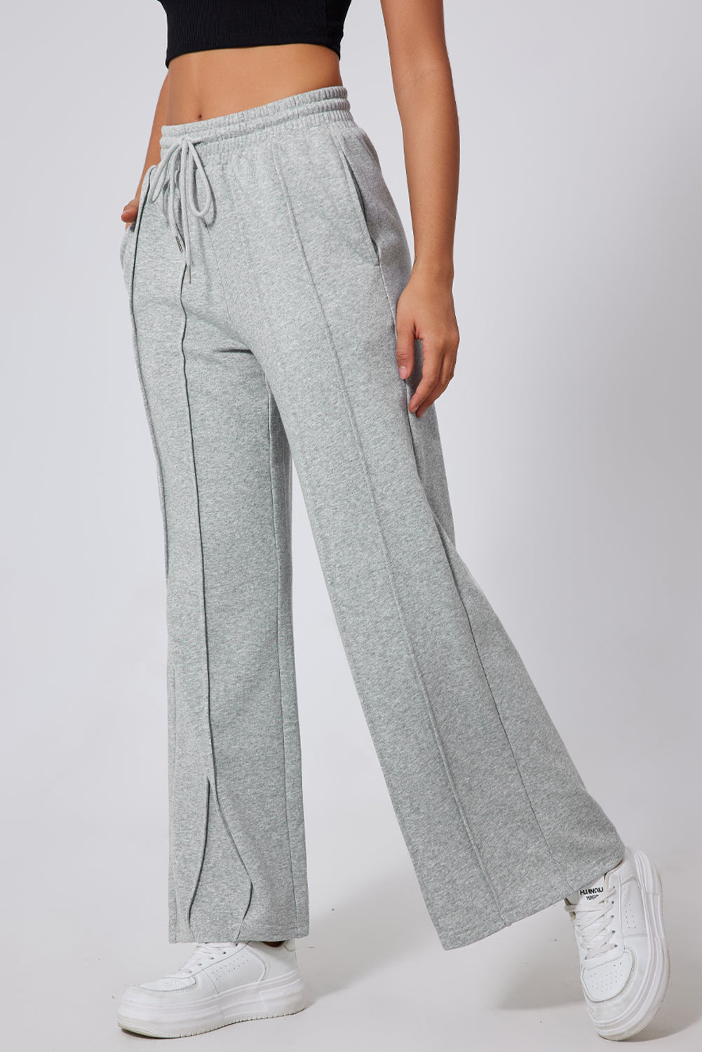 Pantalones de chándal de pernera ancha, cintura alta con cordón y costuras grises