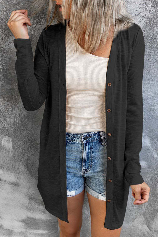 Black Solid Color Open-Front Buttons Cardigan - Snoopy's Closet