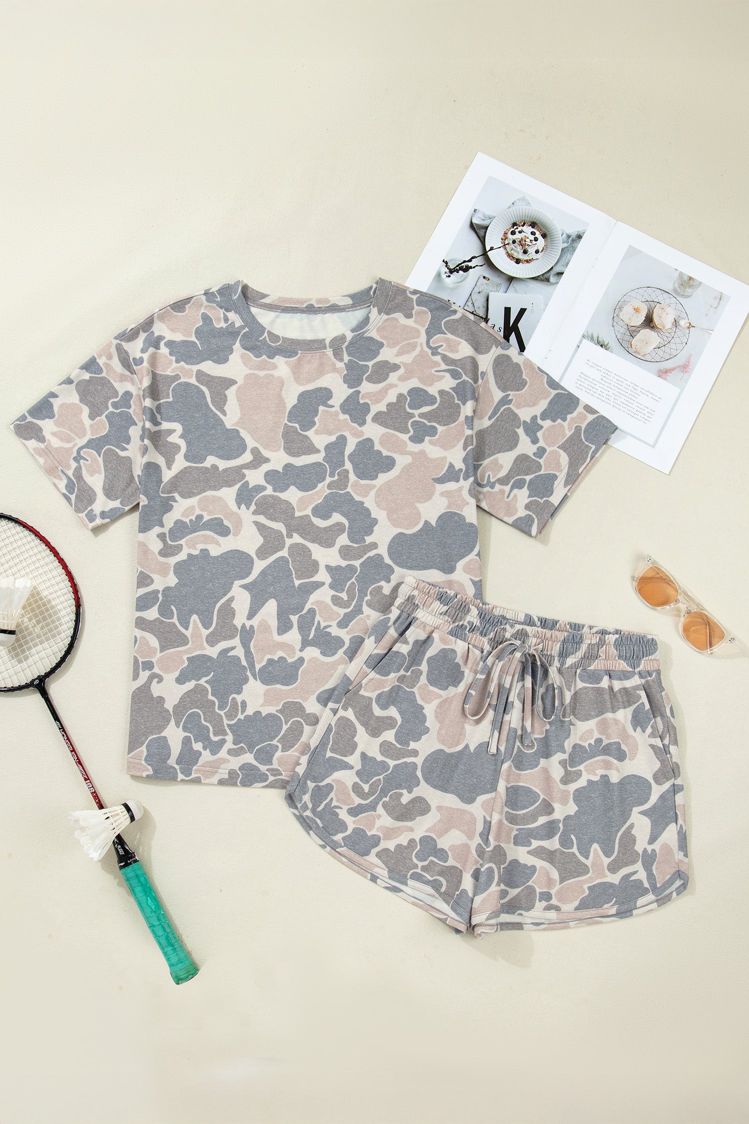 Multicolour Camouflage Loose Tee Drawstring Shorts 2pcs Outfit
