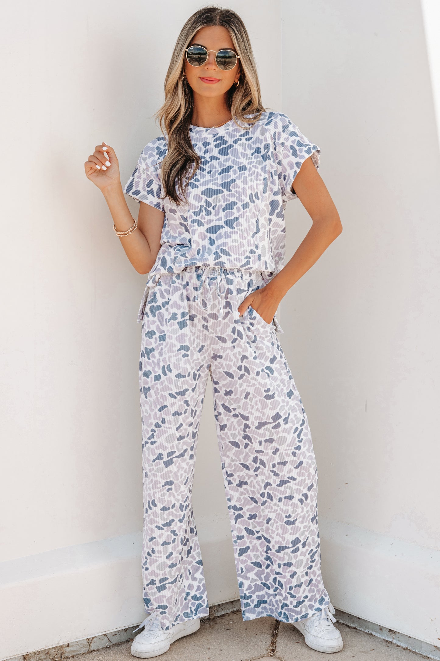 Beige Camouflage Print Twisted Rib Loose Tee Drawstring Pants Set - Snoopy's Closet