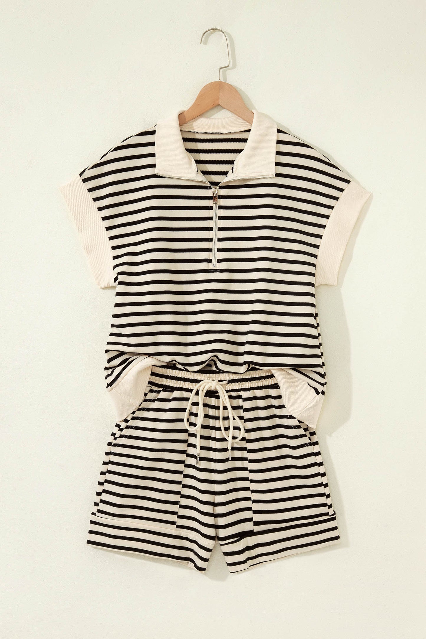 Black Stripe Ribbed Color Block Trim Zip Polo Tee Drawstring Shorts 2pcs Outfit - Snoopy's Closet