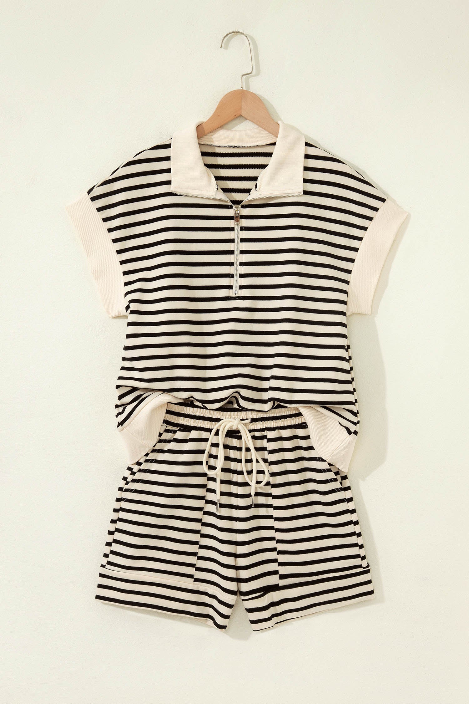 Black Stripe Ribbed Color Block Trim Zip Polo Tee Drawstring Shorts 2pcs Outfit - Snoopy's Closet