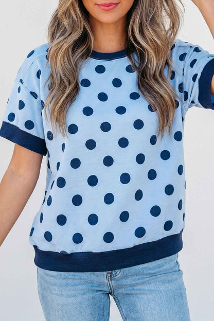 Pink Color Block Trim Polka Dot Casual Tee