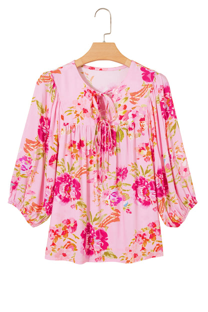 Pink Floral Print Tie Neck Puffy Half Sleeve Blouse - Snoopy's Closet