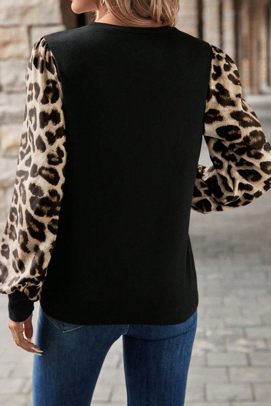 Khaki Leopard Puff Sleeve Patchwork Top - Snoopy's Closet