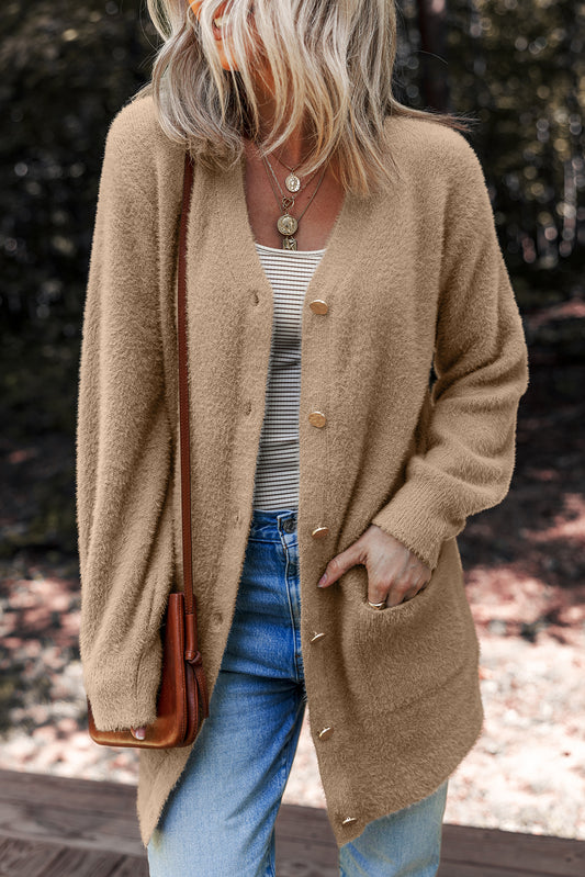 Smoke Gray Fuzzy Buttoned Front Midi Solid Cardigan - Snoopy's Closet