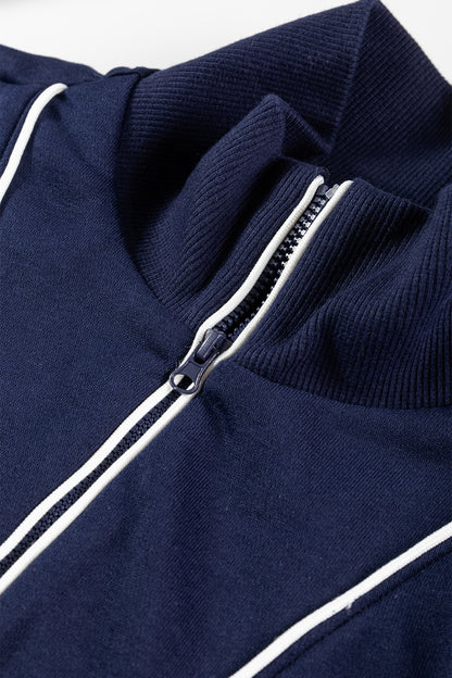 Navy Blue Contrast Piping Zipped Pullover Cropped Pants Set - Snoopy's Closet