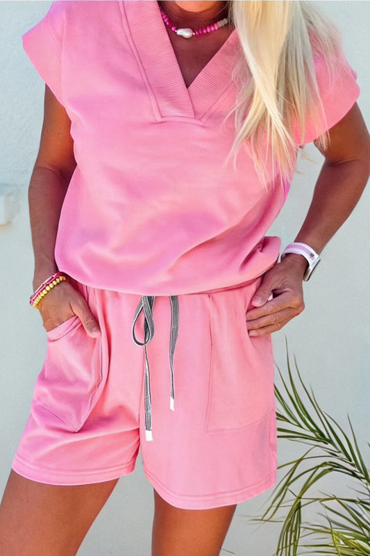 Sachet Pink V Neck Short Sleeve Top Drawstring Shorts 2pcs Set - Snoopy's Closet