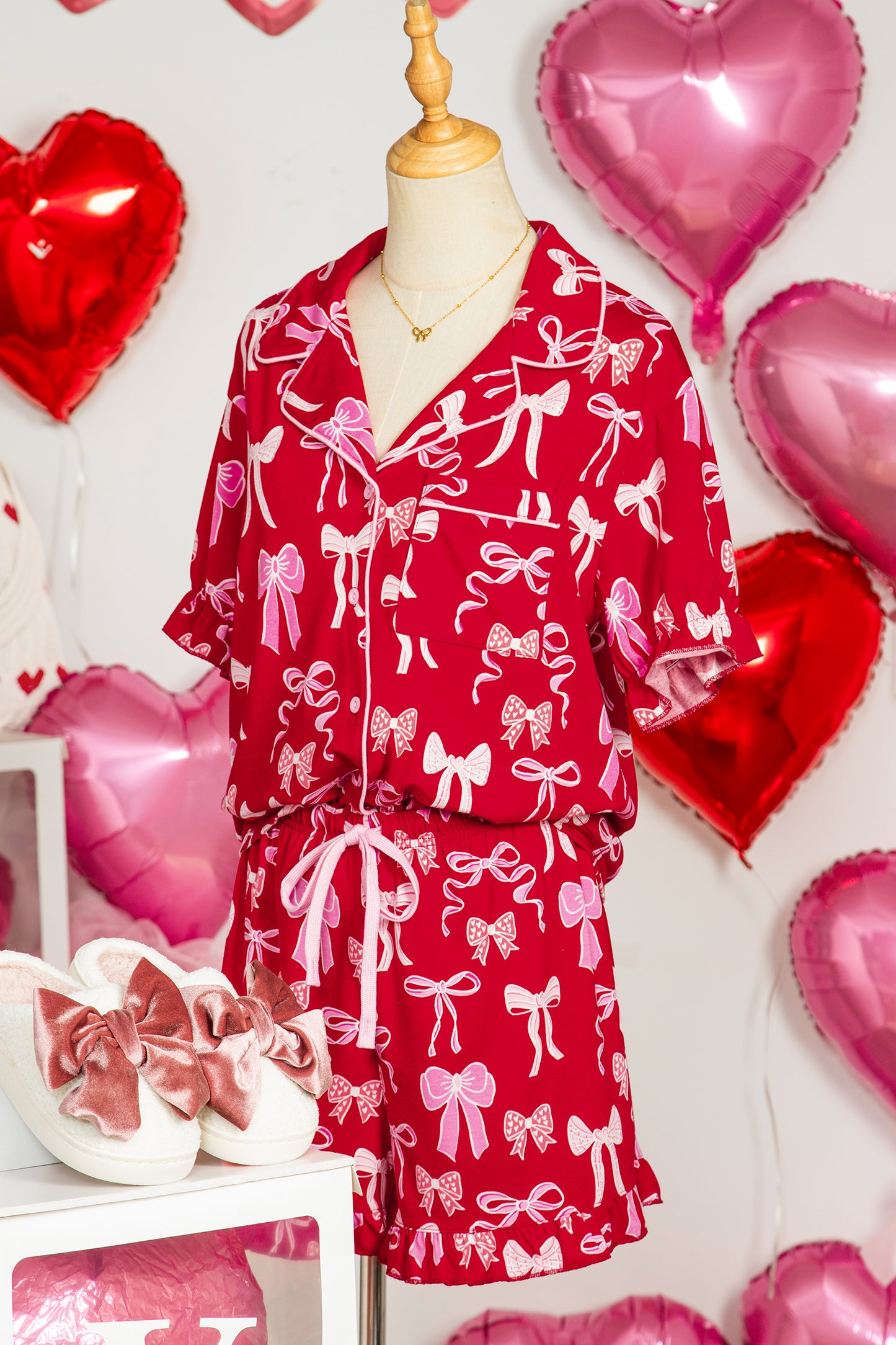Red Sweet Bow Print Ruffled Short Sleeve Shirt Shorts 2pcs Pajama Set - Snoopy's Closet