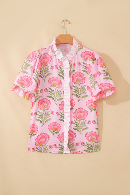 Camisa de manga abullonada con volantes y rayas Pink Sweet Blooms