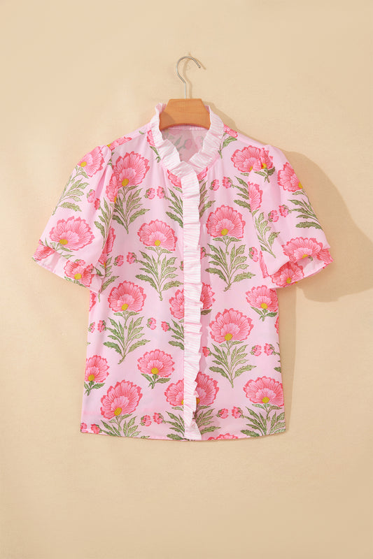 Camisa de manga abullonada con volantes y rayas Pink Sweet Blooms