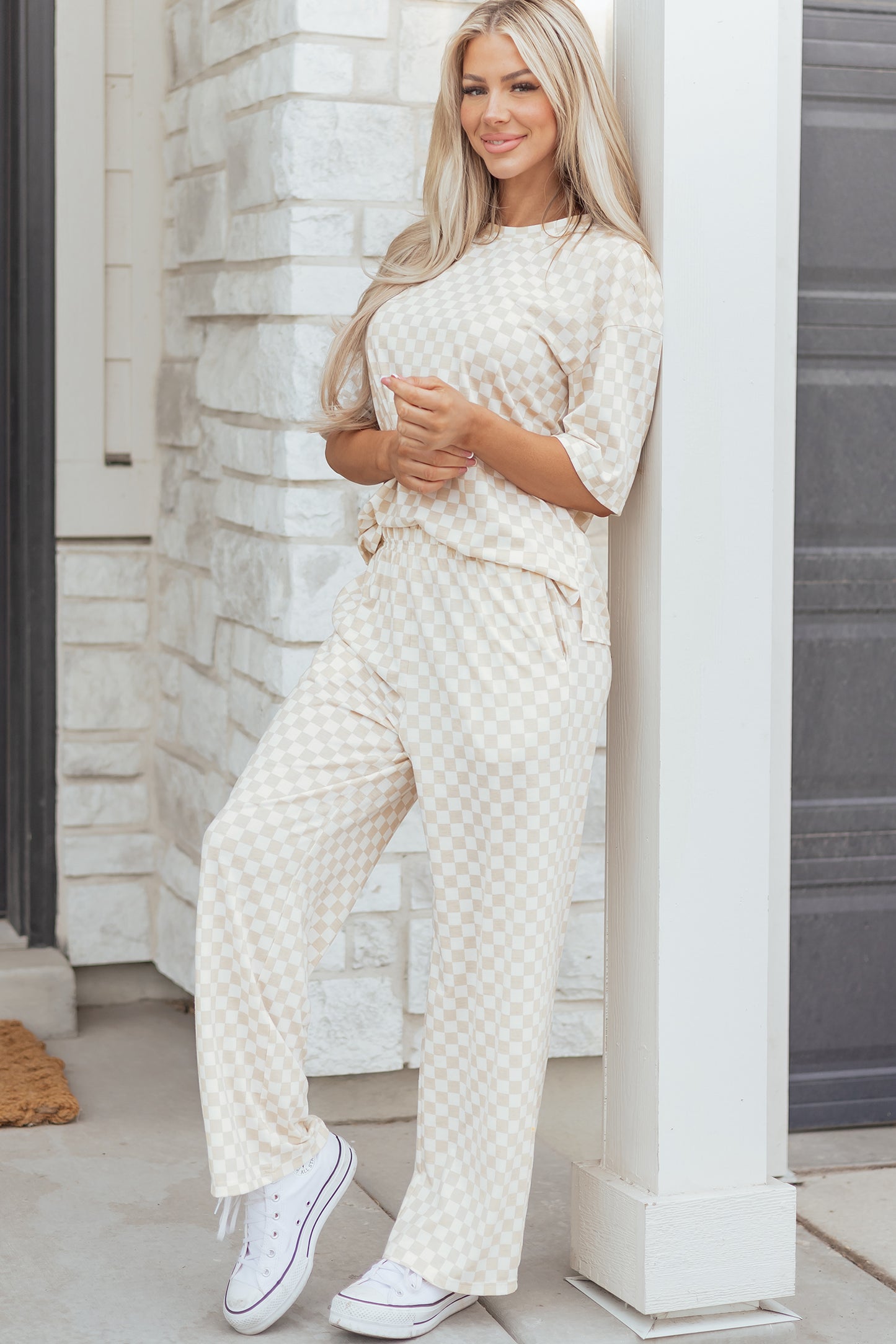Khaki Checkered Print Half Sleeve Tee 2pcs Lounge Pant Set - Snoopy's Closet