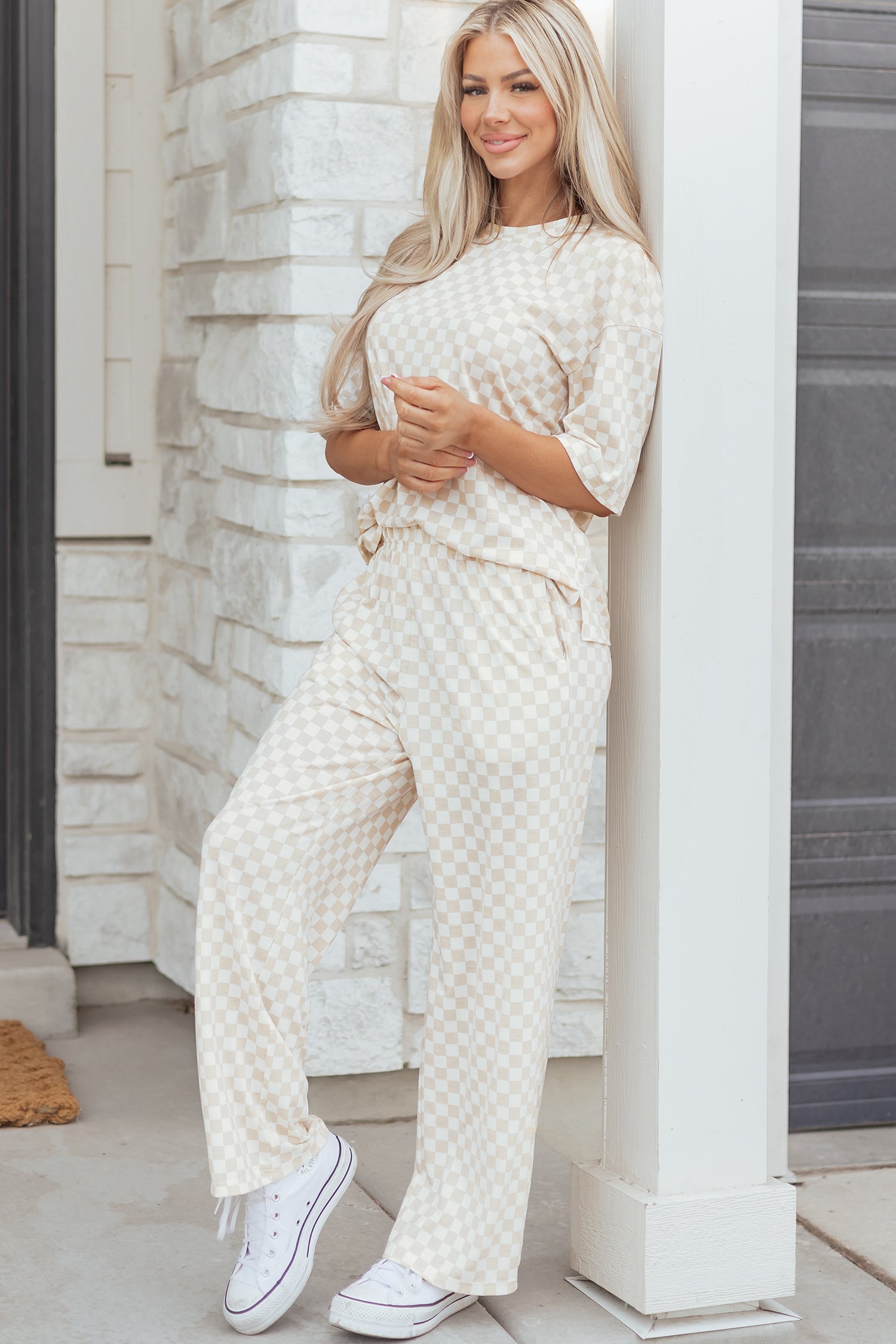 Khaki Checkered Print Half Sleeve Tee 2pcs Lounge Pant Set - Snoopy's Closet