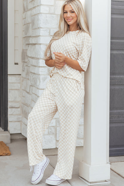 Khaki Checkered Print Half Sleeve Tee 2pcs Lounge Pant Set - Snoopy's Closet
