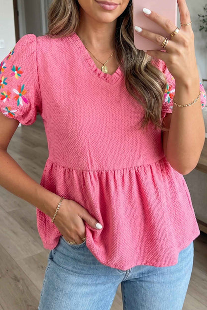 Mint Green Frilled V Neck Flower Embroidered Puff Sleeve Textured Blouse