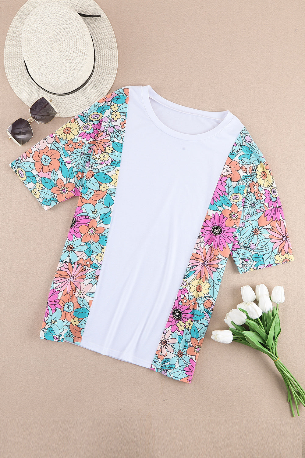 White Floral Print Patchwork Short Sleeve Top - Snoopy's Closet